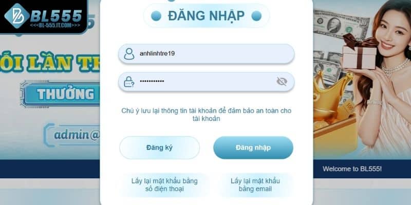 Nhập thông tin đăng nhập BL555