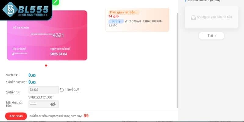 Quy trình rút tiền BL555 qua ngân hàng